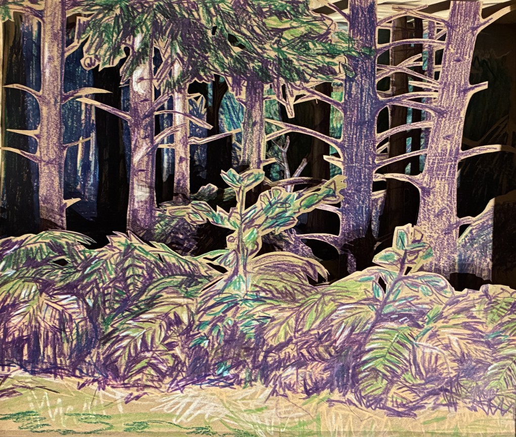 Tekening van een dicht bos met groene varens en paarse bomen, met een donkere achtergrond. (vergroot foto)